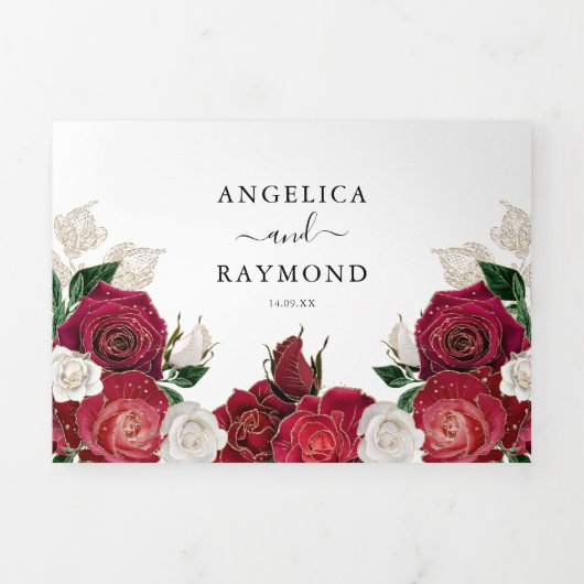 レッドブルゴーニュ&ホワイトフローラエレガントな結婚式 三つ折り招待状 (カバー)