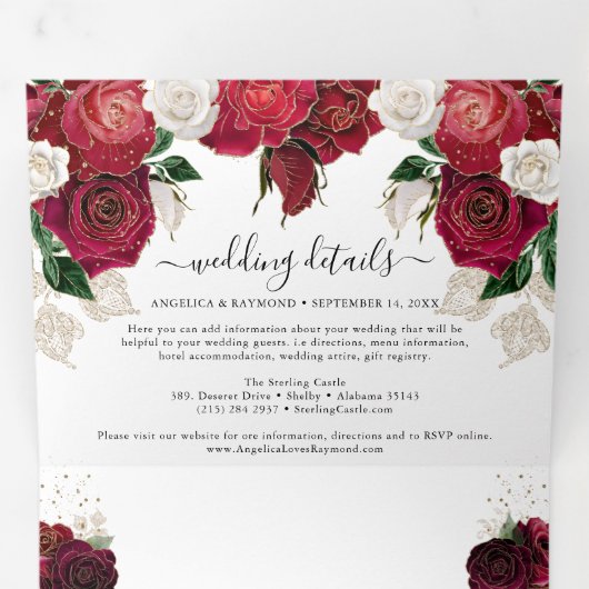 レッドブルゴーニュ&ホワイトフローラエレガントな結婚式 三つ折り招待状 (内部最初)