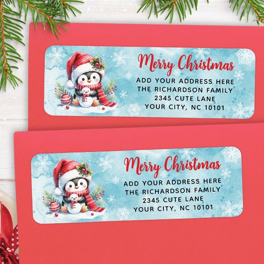 レッドブルーかわいいペンギンパーソナライズされたクリスマス ラベル