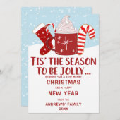 レッドブルーすてきココアキャンディーケーンストッキングクリスマス シーズンカード (正面/裏面)