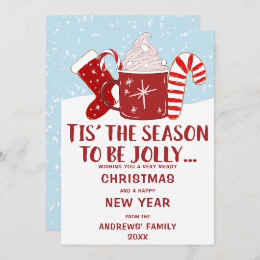 レッドブルーすてきココアキャンディーケーンストッキングクリスマス シーズンカード (正面/裏面)