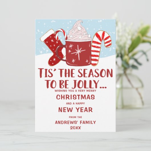 レッドブルーすてきココアキャンディーケーンストッキングクリスマス シーズンカード (スタンド正面)