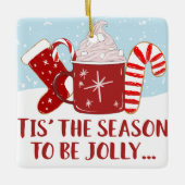 レッドブルーすてきココアキャンディーケーンストッキングクリスマス セラミックオーナメント (正面)