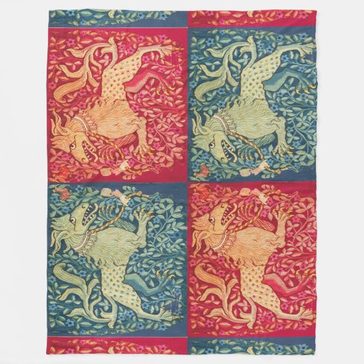 レッドブルーの獣のような中世の獣性ライオン フリースブランケット (正面)