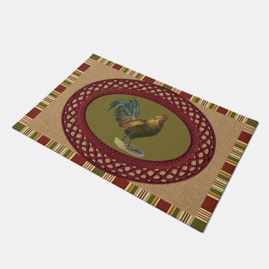 レッドブルーイエローロスターフェイクオンジュートバーラップ ドアマット (アングル)