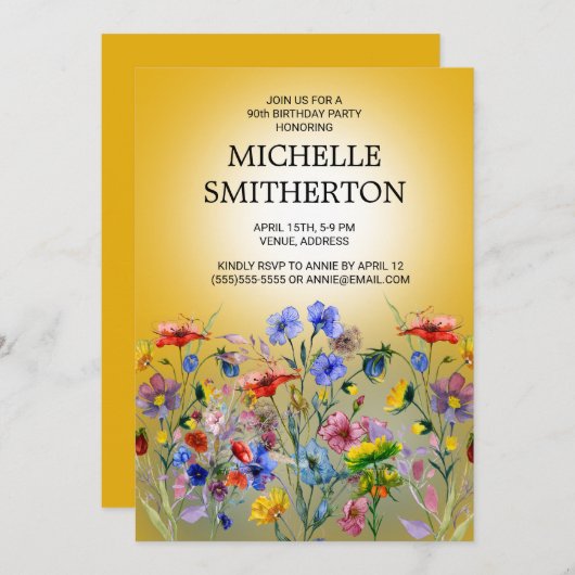 レッドブルーイエローワイルドフラワー90誕生日 招待状 (正面/裏面)