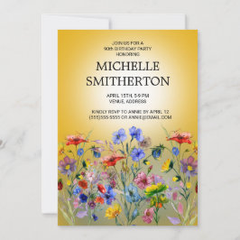 レッドブルーイエローワイルドフラワー90誕生日 招待状