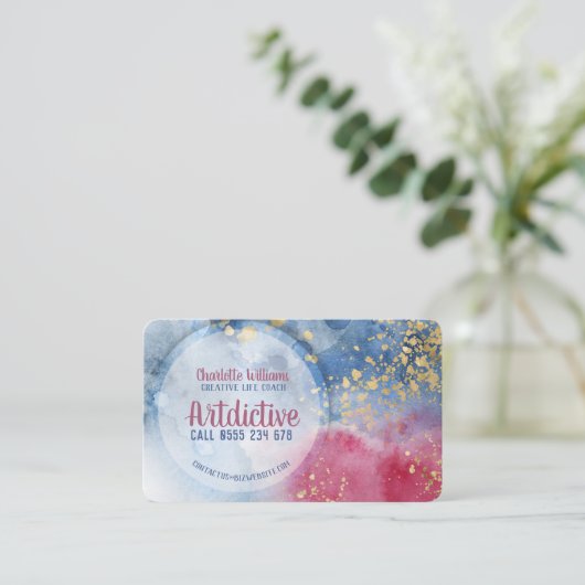 レッドブルーウォーターカラー金ゴールド（ばちゃばちゃ）跳ねるアーティストクリエイティブ 名刺 (スタンド正面)