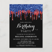 レッドブルーエレガントグリッタードリップス愛国的誕生日 インビテーションポストカード (正面)