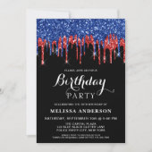 レッドブルーエレガントグリッタードリップス愛国的誕生日 招待状 (正面)