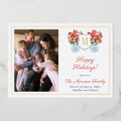 レッドブルーエレガントポインセチア族写真金ゴールド 箔シーズンカード (正面)