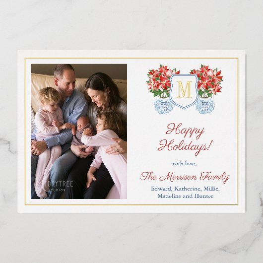 レッドブルーエレガントポインセチア族写真金ゴールド 箔シーズンカード (正面)