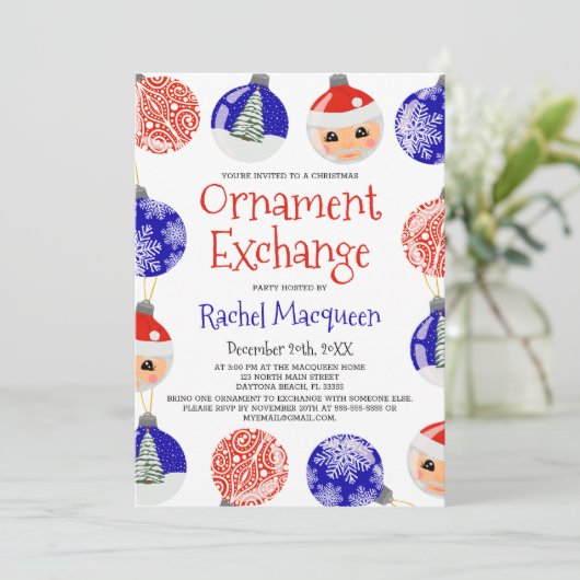 レッドブルーキュートオーナメントバウブルエクスチェンジクリスマス 招待状 (スタンド正面)