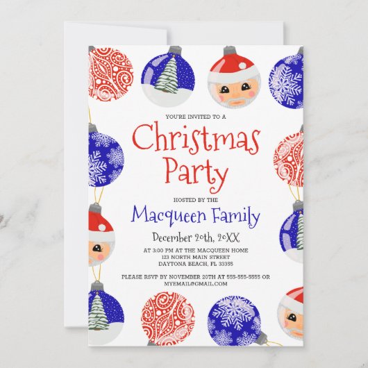 レッドブルーキュートオーナメントバウブルクリスマスパーティー 招待状 (正面)