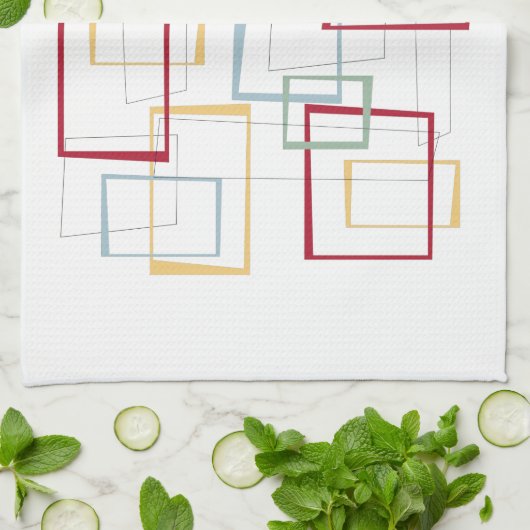 レッドブルーグリーンイエロースクウェアミッドセンチュリーレトロ キッチンタオル (折り畳み)