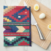 レッドブルーグリーンイエローホワイトオリエンタルキリムラグ キッチンタオル (四つ折り)