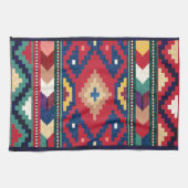 レッドブルーグリーンイエローホワイトオリエンタルキリムラグ キッチンタオル (横)