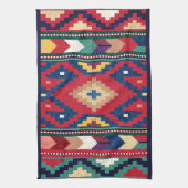 レッドブルーグリーンイエローホワイトオリエンタルキリムラグ キッチンタオル (縦)
