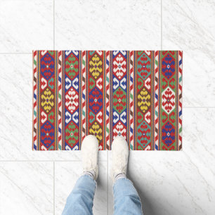 レッドブルーグリーンイエローホワイトオリエンタルキリムラグ ドアマット