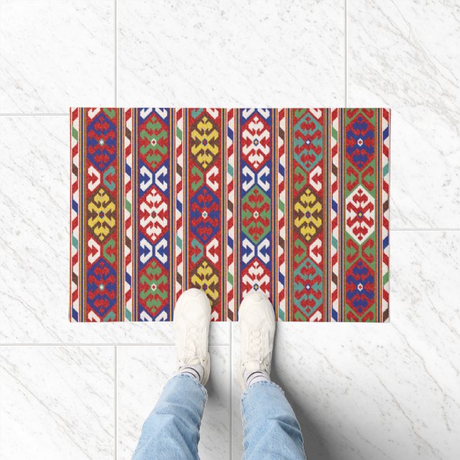 レッドブルーグリーンイエローホワイトオリエンタルキリムラグ ドアマット (室内)