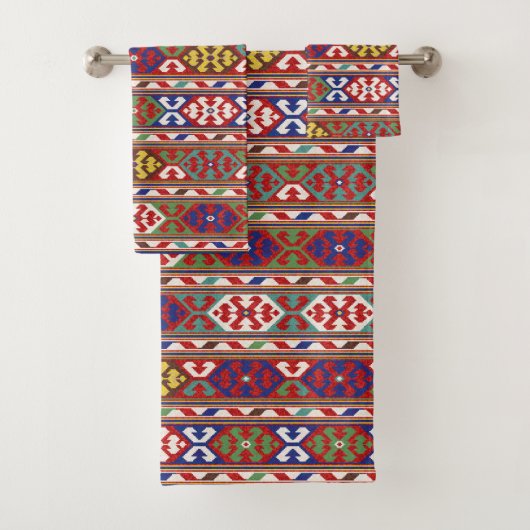 レッドブルーグリーンイエローホワイトオリエンタルキリムラグ バスタオルセット (インサイチュ)