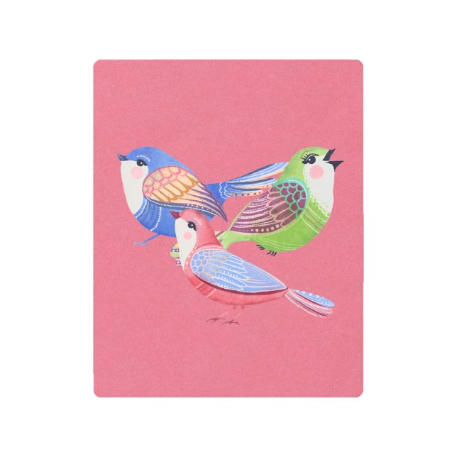 レッドブルーグリーンバードフォークアートメタルウォールアート メタルプリント (正面)