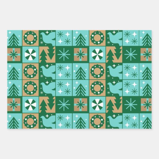 レッドブルーグリーンピンクブラウンクリスマスパターン ラッピングペーパーシート (正面)