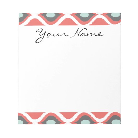 レッドブルーグレイ幾何学的イカット部族プリントパターン ノートパッド (正面)