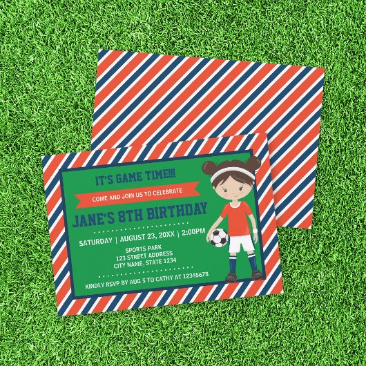 レッドブルーサッカーガールサッカー誕生日招待状 招待状