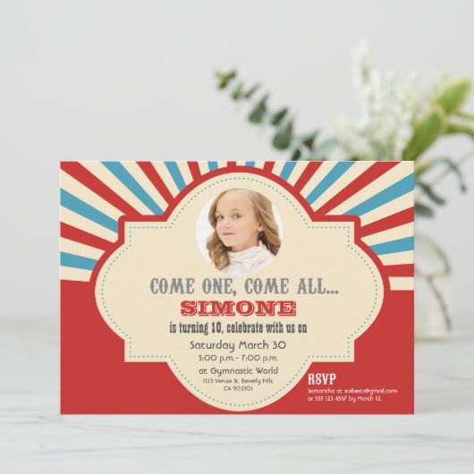 レッドブルーサーカスをテーマにした10誕生日 招待状 (スタンド正面)