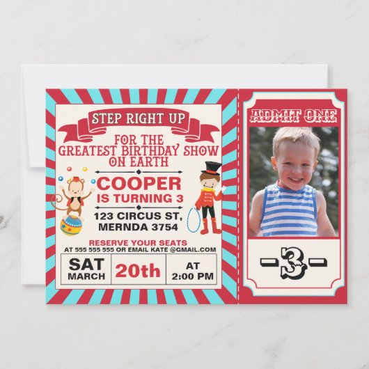 レッドブルーサーカスチケットフォト誕生日招待状 招待状 (正面)