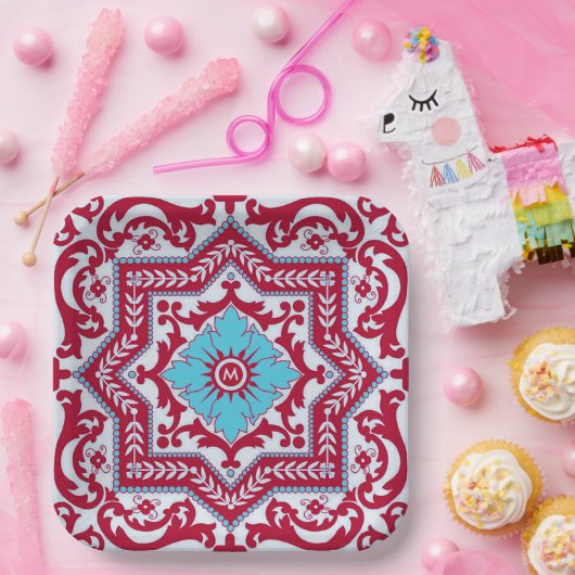 レッドブルーセラミックスタイルアズレジョヴィンテージモノグラム ペーパープレート (パーティー)