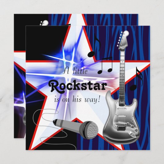 レッドブルーゼブラロックスター男の赤ちゃんシャワー 招待状 (正面/裏面)