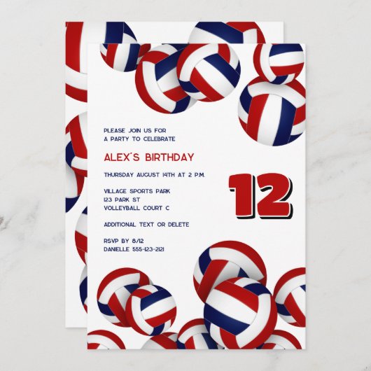 レッドブルーチームカラーバレーボール子供の誕生日 招待状 (正面/裏面)