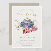 レッドブルーティーポットフローラアフタヌーンティーパーティー招待状 サンキューカード (正面/裏面)