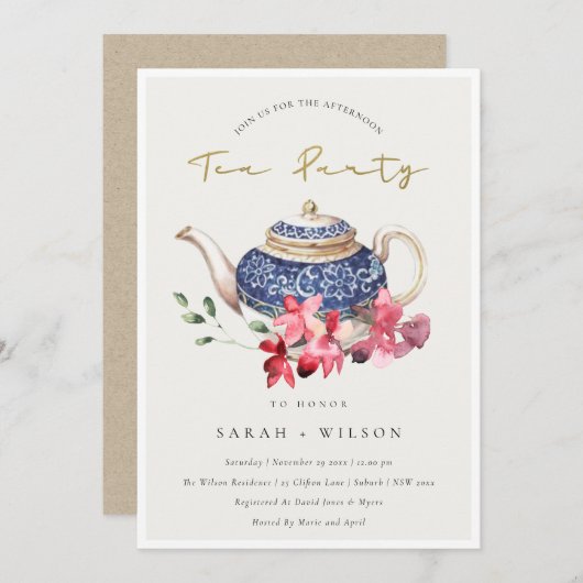 レッドブルーティーポットフローラアフタヌーンティーパーティー招待状 サンキューカード (正面/裏面)