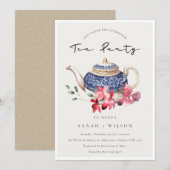 レッドブルーティーポットフローラアフタヌーンティーパーティー招待状 サンキューカード (正面/裏面)