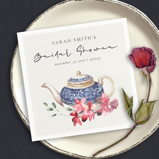 レッドブルーティーポットフローラブライダルシャワーティーパーティー スタンダードカクテルナプキン