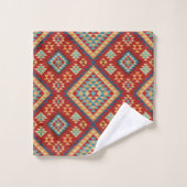 レッドブルーティール（緑がかった色）オレンジイエローオリエンタルキリムパターン バスタオルセット (ウォッシュタオル)