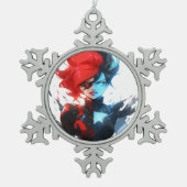 レッドブルーファイアアイス漫画スタイルアニメガール スノーフレークピューターオーナメント (正面)