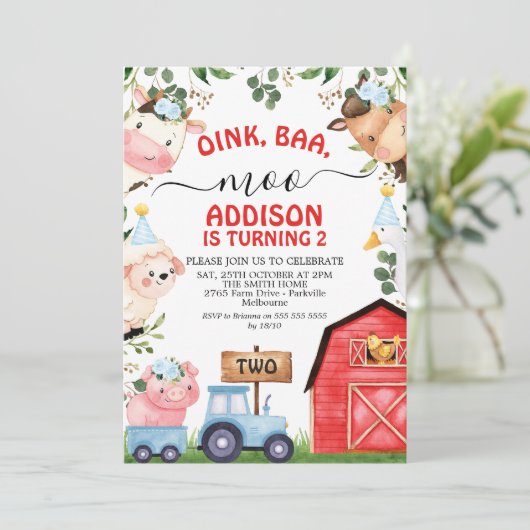 レッドブルーファームバーントラクター誕生日 招待状 (スタンド正面)