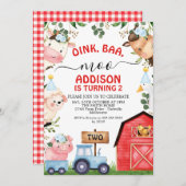 レッドブルーファームバーントラクター誕生日 招待状 (正面/裏面)