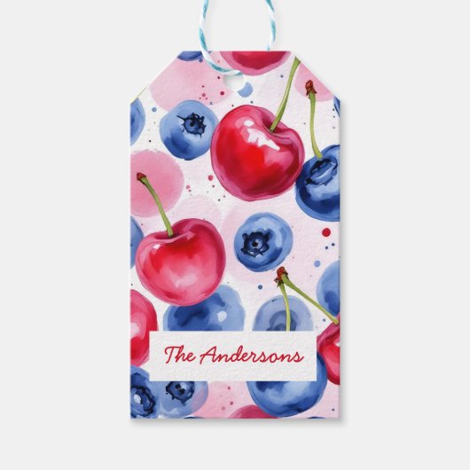 レッドブルーフルーツさくらんぼベリーパターン ギフトタグ (正面)