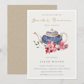 レッドブルーフローラティーポットブライダルシャワーパーティー招待状 サンキューカード (正面/裏面)