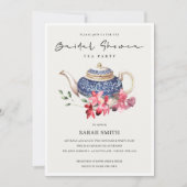 レッドブルーフローラティーポットブライダルシャワーパーティー招待状 サンキューカード (正面)