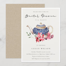 レッドブルーフローラティーポットブライダルシャワーパーティー招待状 サンキューカード