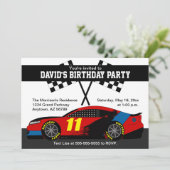 レッドブルーブラックイエローレースカー誕生日招待状 カード (スタンド正面)