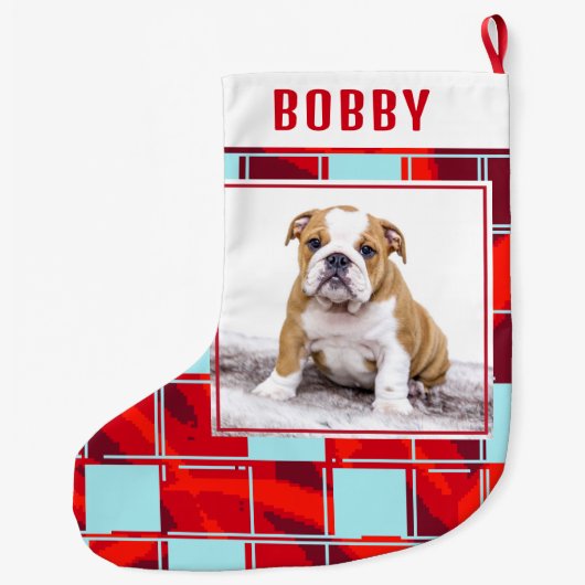 レッドブループレイドブルドッグ犬の写真メリークリスマス ラージクリスマスストッキング (裏面)
