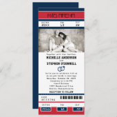 レッドブルーホッケーチケット結婚とリングや輪 招待状 (正面/裏面)