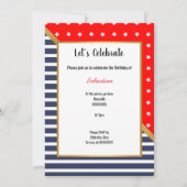レッドブルーホワイト金ゴールドスター&ストライプ誕生日 招待状 (正面)
